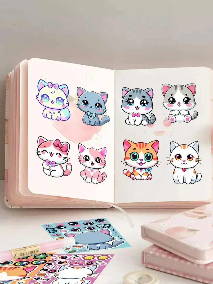 8 feuilles d'autocollants éducatifs pour la maternelle, autocollants mignons de chat à visage interchangeable, jouet éducatif de dessin animé mignon, autocollants de puzzle DIY