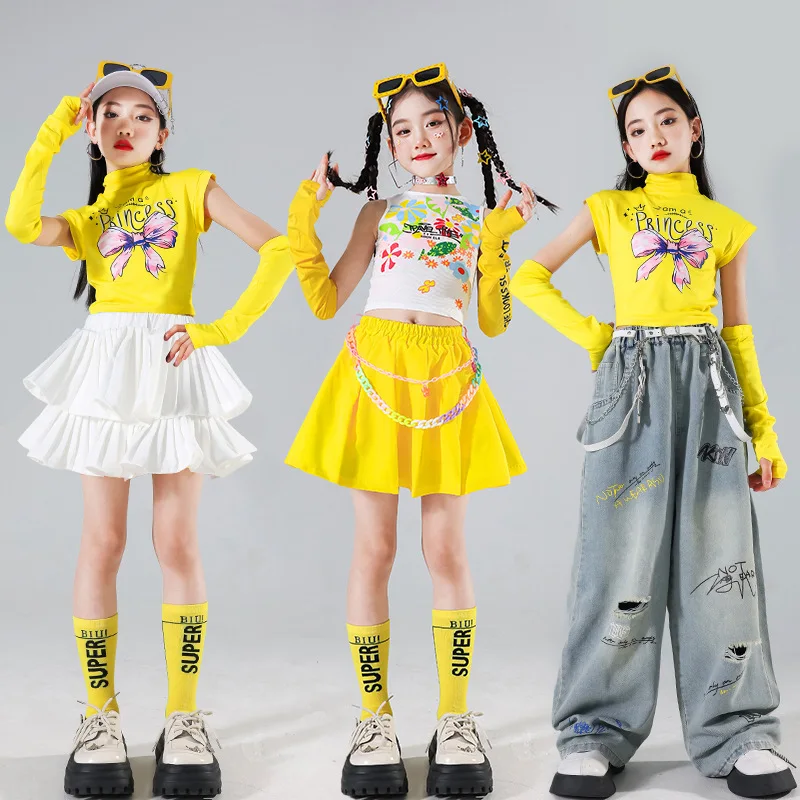 힙합 소녀용 옐로우 크롭탑, 찢어진 청바지, 스트릿 댄스 스커트, 키즈 스트릿웨어, 아동 재즈 걸그룹 의상, K팝 의상 세트