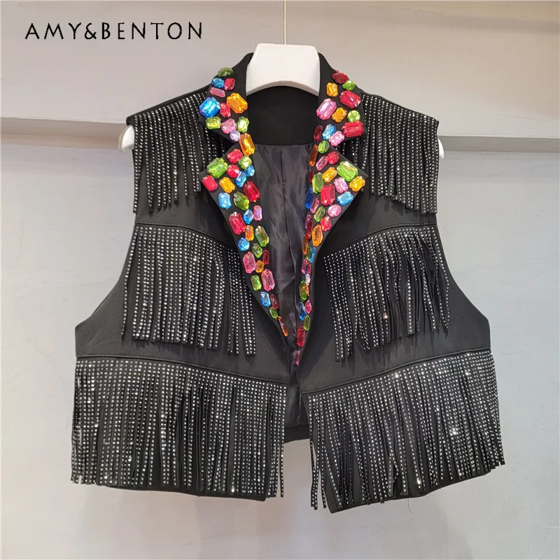 

2023 Autumn New Fashion Streetwear Heavy Industry Colorful Crystals Tassel Design High Waist Temperament Short Suit Vests Women