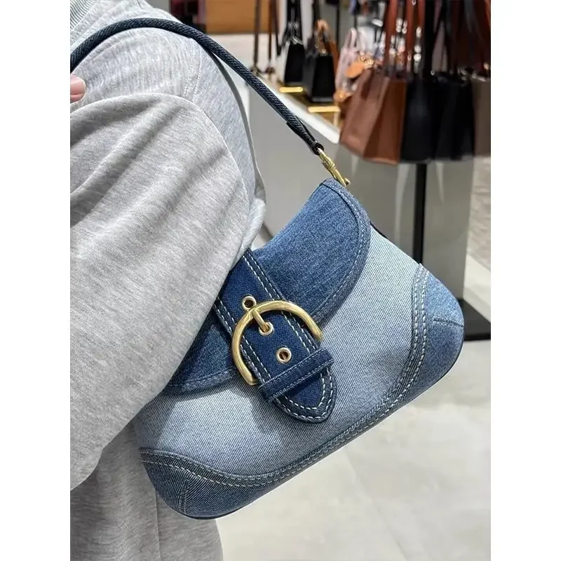 Women\'s Cowboy Underarm Bag 2024 New Fashion High end Texture Shoulder Bag Popular Commuter Retro Spliced Luxury Handbag