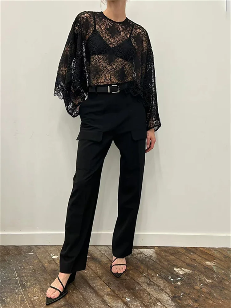 White or Black Women Hollow Out Blouse Spring Summer 2024 Lace Floral Loose Long Sleeve Female Round Neck Shirt