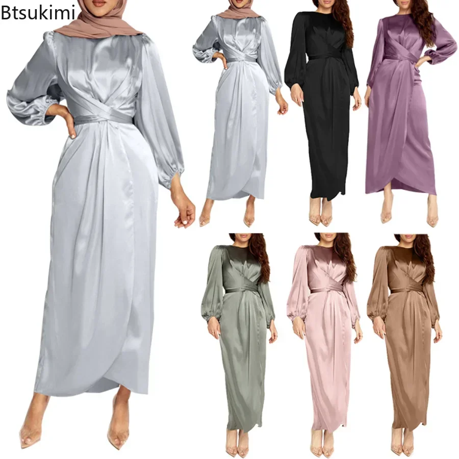 

2024 Women Arab Muslim Satin Puff Long Sleeve Maxi Dress Solid Wrap Front Self-Tie Abaya Dubai Turkey Hijab Robe Kaftan Vestido