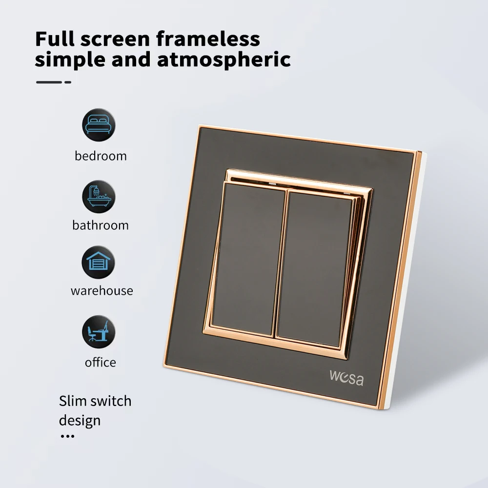 أسود كلاسيكي زر مفتاح الإضاءة الاتحاد الأوروبي القياسية 2 عصابة 1 طريقة 250 فولت لهب 16A التيار المتناوب جدار الروك التبديل لوحة أكريليك تشغيل/إيقاف #3