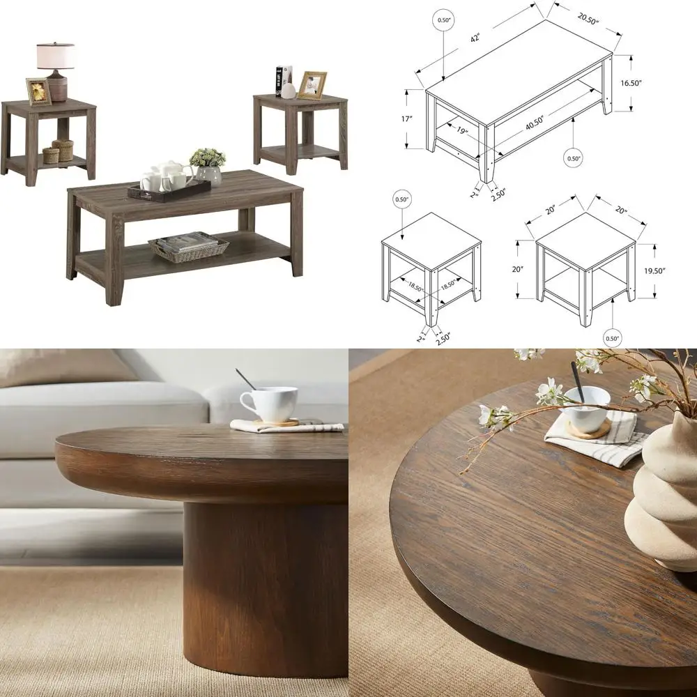 Monarch Specialties 3-Piece Coffee Table Set with End and Side Tables, Brown Laminate, Transitional Style for Living Room