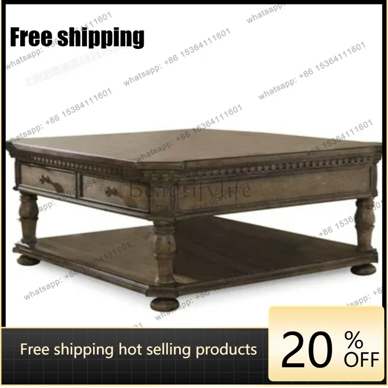 Zj. American country solid wood square coffee table retro light luxury carved living room side table