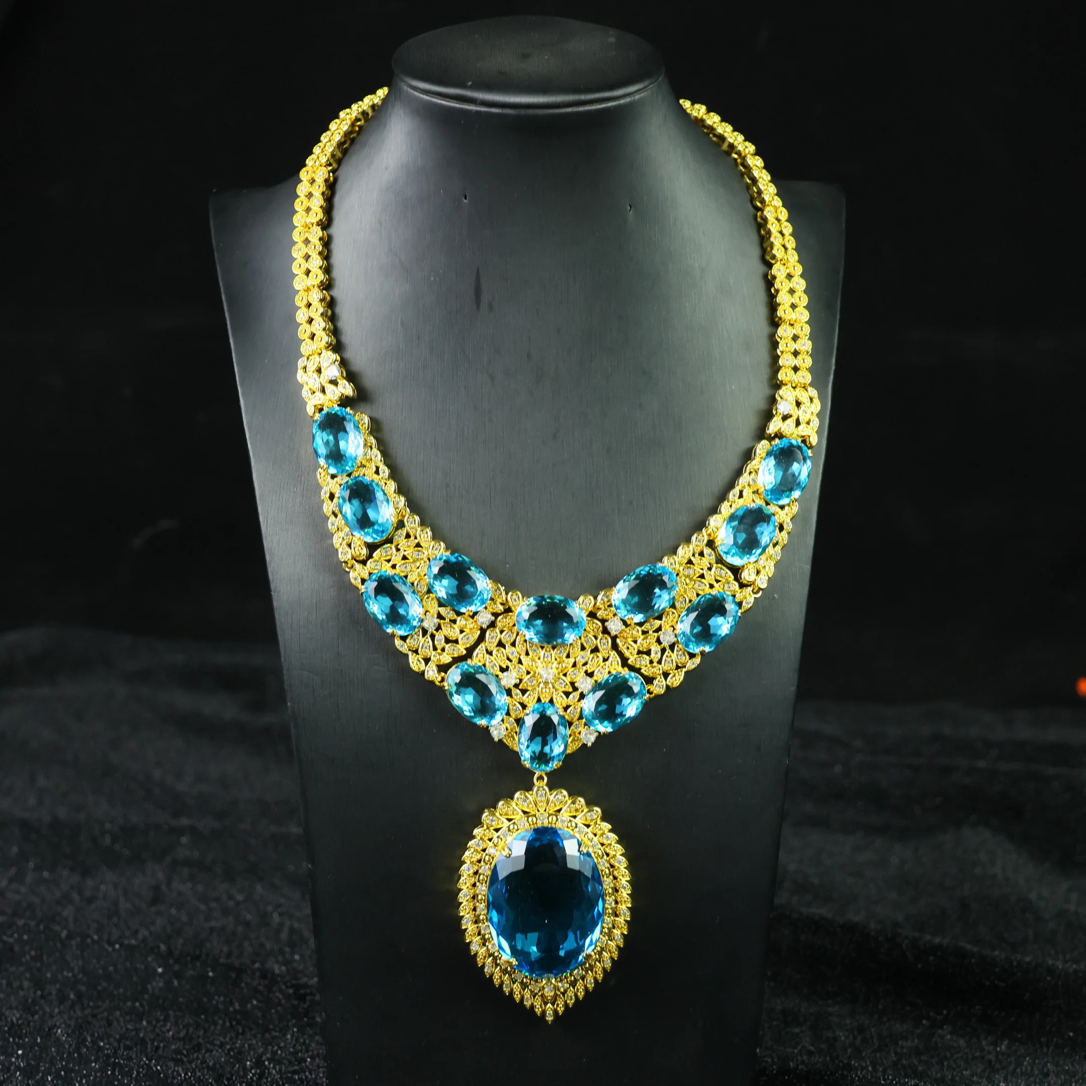 

Women's Blue Gemstone Big Pendant Necklace Gold Plated Statement Gem Jewelry Wedding Party Accessories