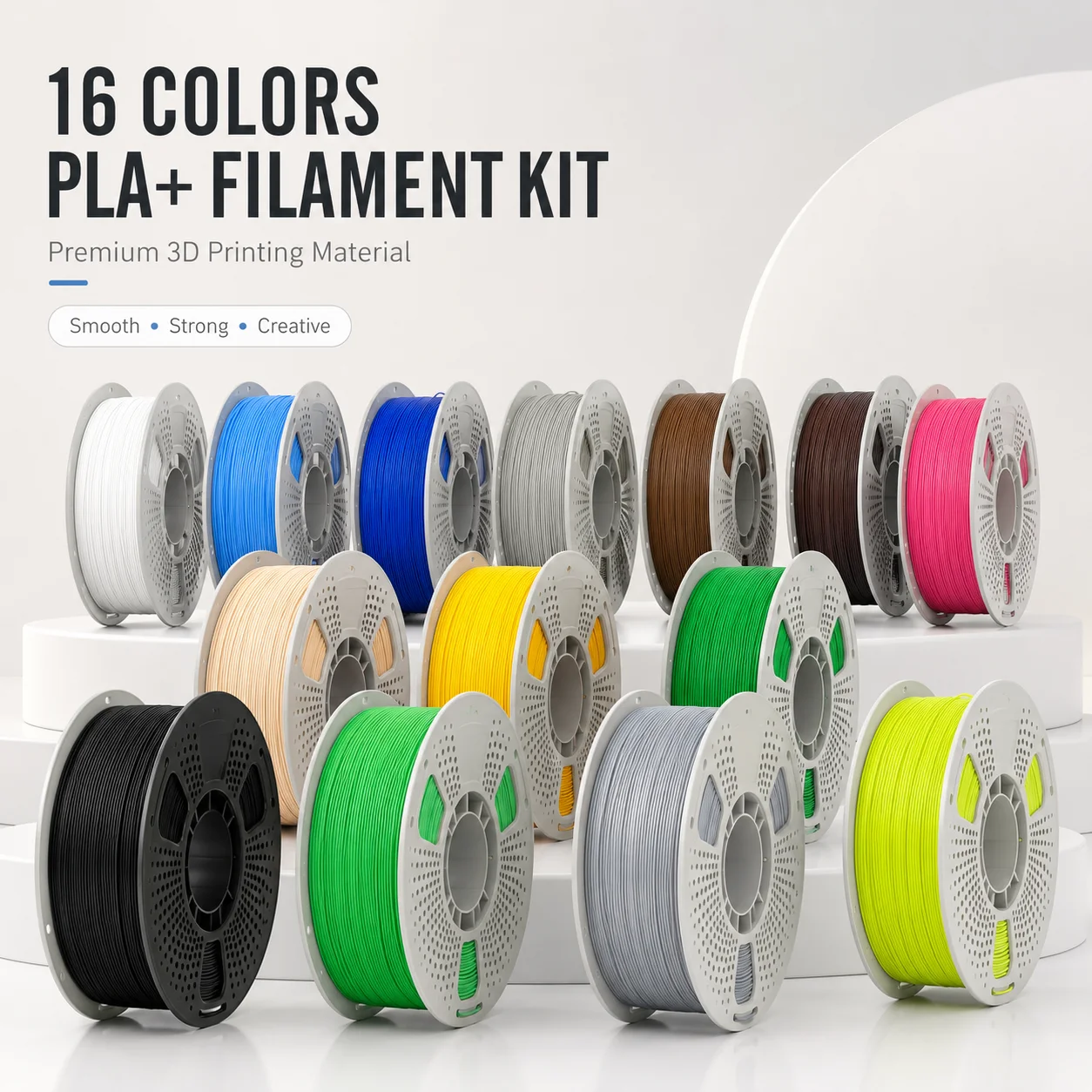 PLA+ 3D Printer Filament 1.75mm, 16-Pack Assorted High Toughness Colors, 1kg per Spool (Total 16kg), Enhanced Strength & Impact Resistance, Dimensional Accuracy +/- 0.03mm, Fits Most FDM Printers