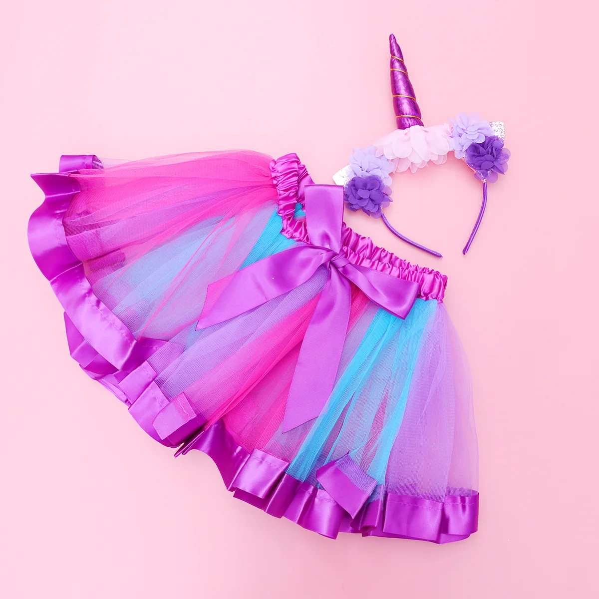 

Unicorn Costume For Girls Purple Rainbow Skirt Set Kids Multilayer Tutu Dress Mesh Elastic Waist Adjustable Strap