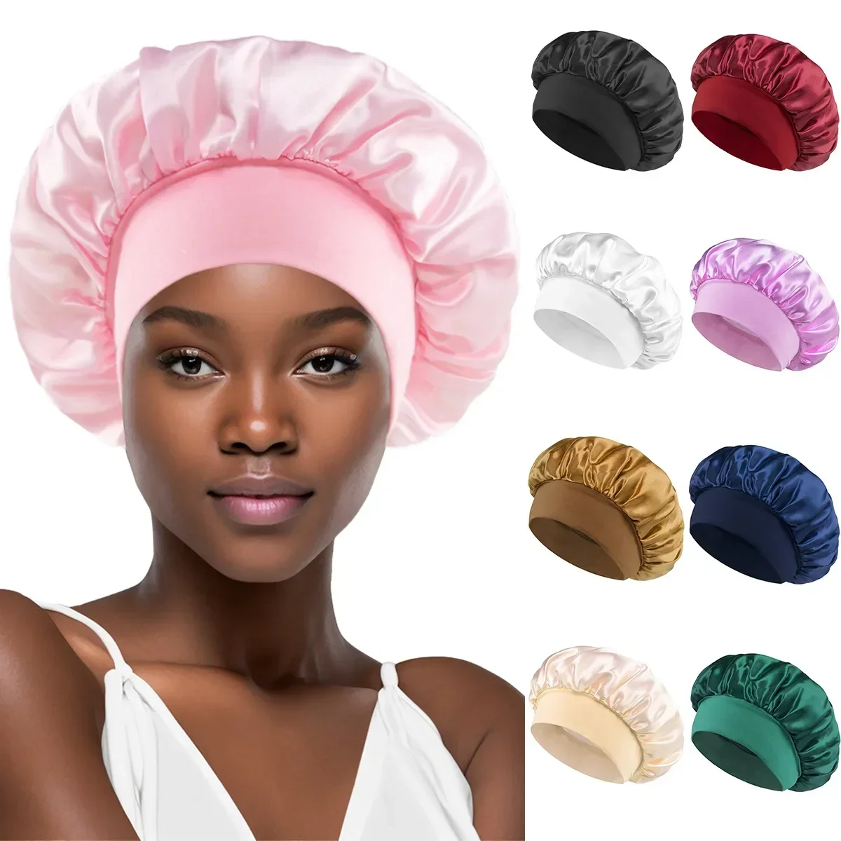 Gorros de dormir de satén para mujer, gorro de Pelo elástico de Color sólido para baño, uso diario y belleza