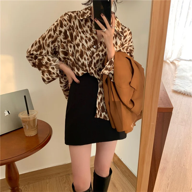 PLAZSON Fashion Casual Button-up Blouse Women Autumn Vintage Leopard Print Loose Clothes Lapel Ladies Tops Casual Oversize Shirt