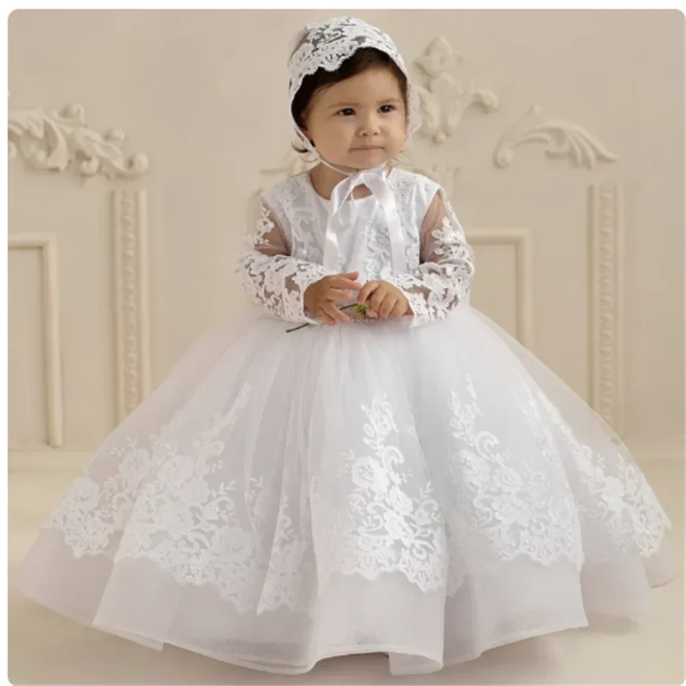 Baby Baptism White Flower Girl Dresses Tulle  Appliques With Bow Long Sleeve For Wedding Birthday Holy Communion Gowns