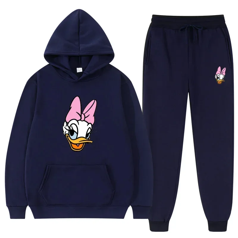 New Disney Daisy Duck Cartoon Print Casual Women\'s Pullover Long Pants Autumn Loose Hoodie+Pants 2 Piece Set