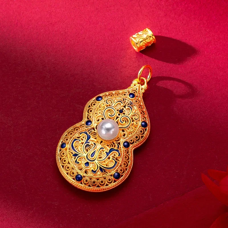 

9999 Real Gold 24K Ancient Flower Silk Court Style Burnt Blue Gourd Pendant Gold Burnt Blue Enamel Pearl Gourd Pendant