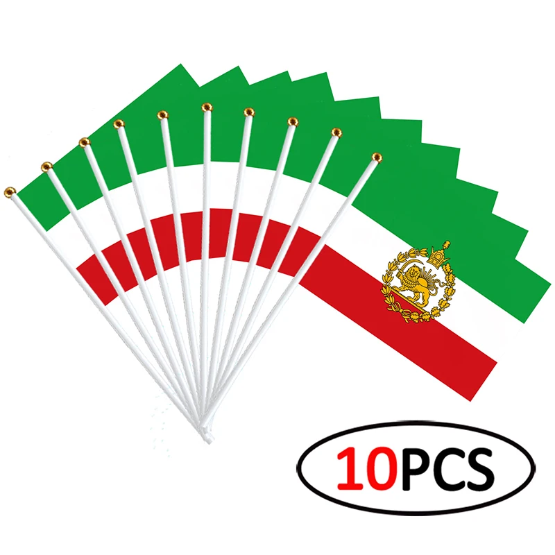 10Pcs Iran Flag Hand Waving Durable Polyester Mini Stick Flags 14x21CM Historic Lion Crown Banner With Plastic Pole