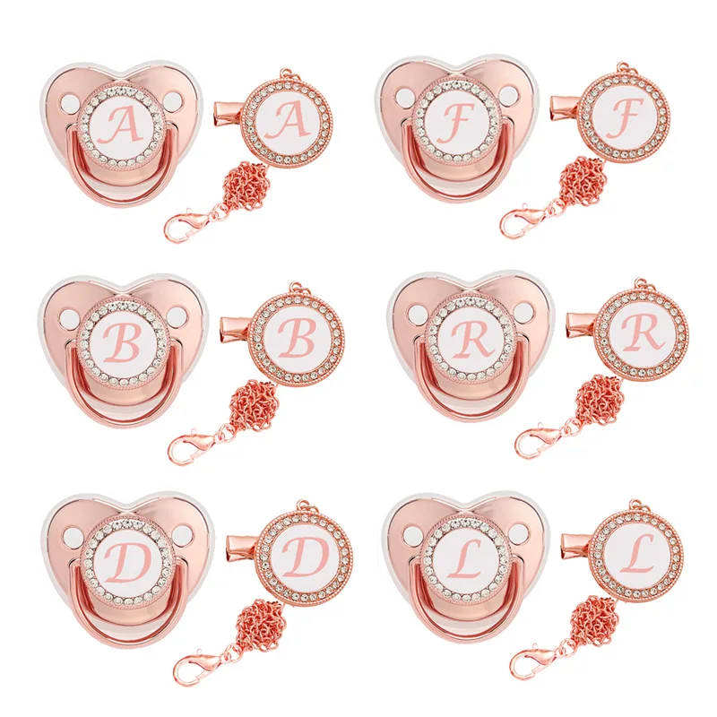 

Baby Pacifier Letter Clip Chain Cover Newborn 26 Name Initial Bling Rose Gold Silicone Pacifiers Infant Nipple Dummy Baby Shower