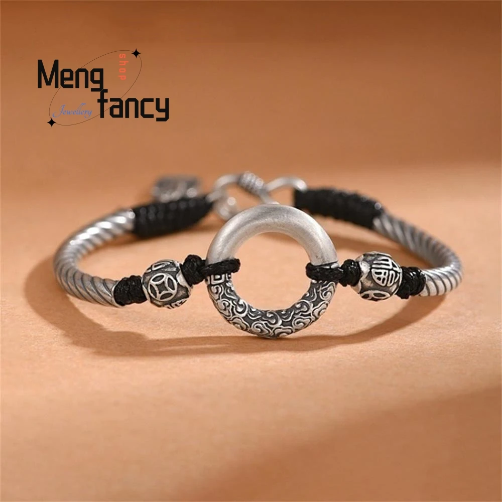 S999 Sterling Silver Peace Buckle Bracelet Handmade Weaving Vintage Ethnic Style Couple Fashion Jewelry High-grade Holiday Gifts