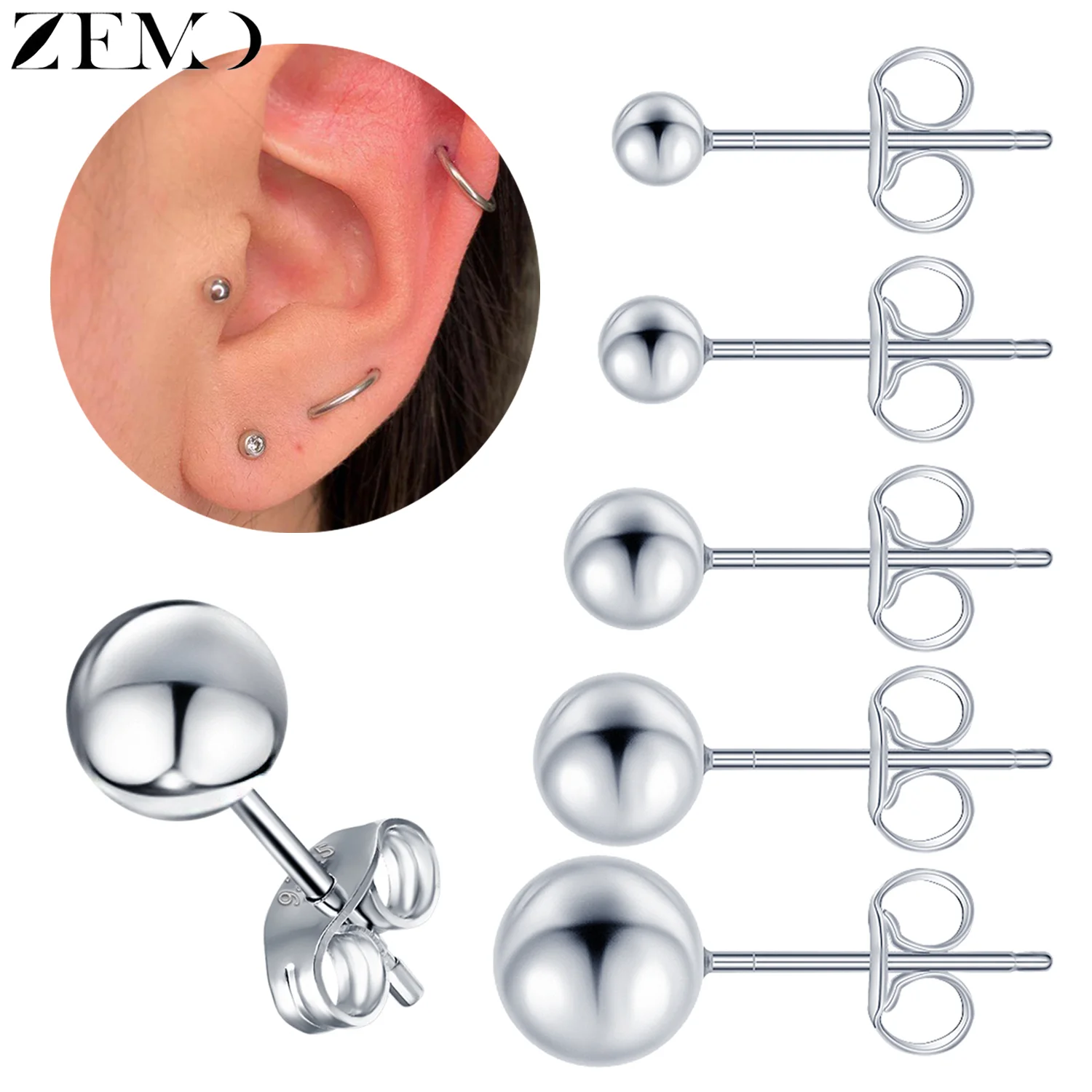 

ZEMO 2 Pcs 925 Sterling Silver Stud Earrings 3/4/5/6mm Smooth Round Ball Ear Studs Basic Style Tragus Conch Helix Piercing 0.7mm