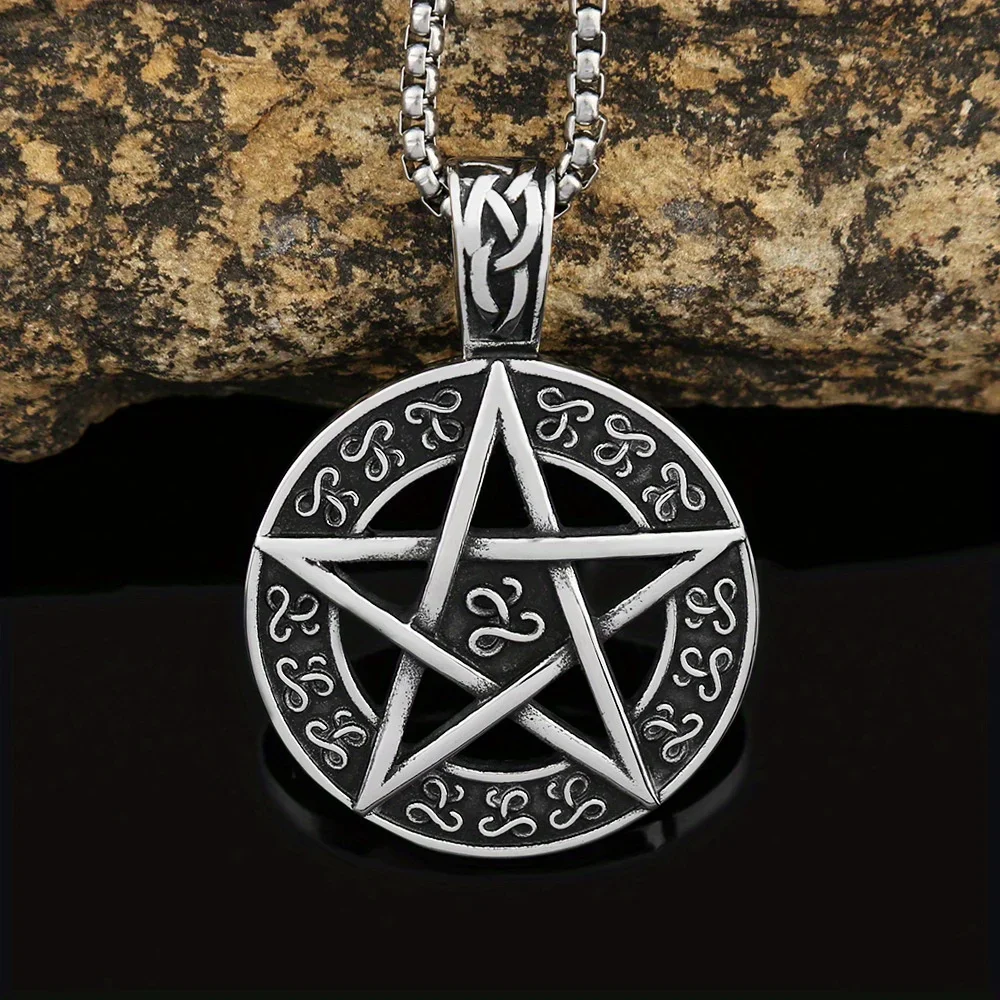 Men's Supernatural Pentagram Pendant Necklace, Protective Star Talisman Titanium Steel Necklace