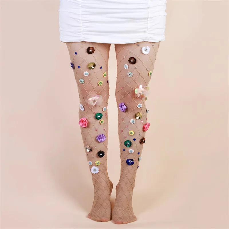

DOIAESKV Women's Diamond Embellished Jumpsuit with Large Mesh Flower Pearl Skin Tone Embroidery And Matching Mesh Socks