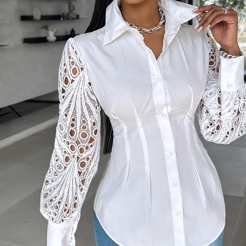 

2024 Spring Summer New Women's Clothing Solid Color Lace Stitching Long-Sleeved Shirt