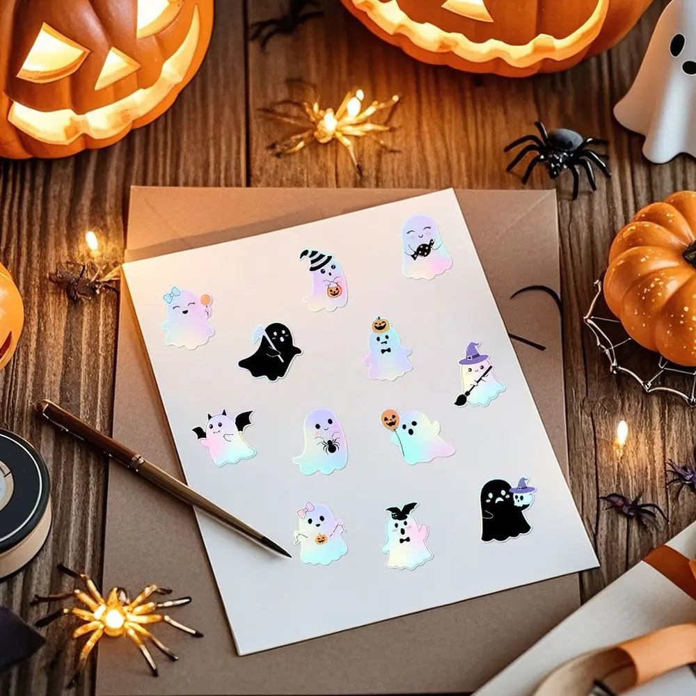 Cute Ghost Stickers Roll Gradient Holographic Finish Waterproof Labels For Office School Supplies Envelope Sealing Craft