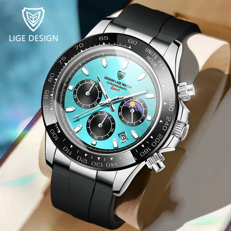 

LIGE Luxury Fashion Quartz Watch 24Hours Moon Phase Silicone Strap Watches for Men Chronograph Wristwatch Waterproof Sport Clock