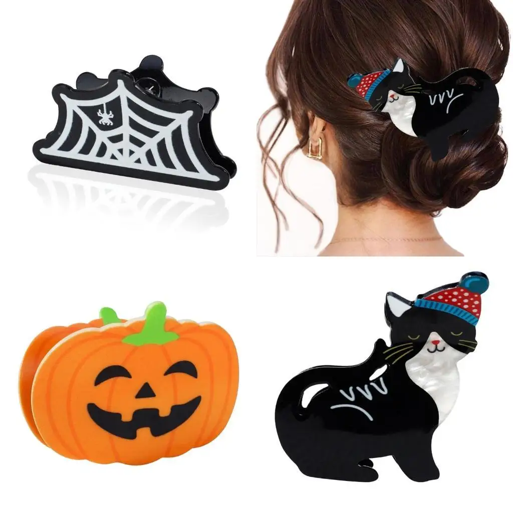 

39BB Halloween Theme Hair Claw Cartoon Pumpkin/Spiderweb Hair Barrettes Ponytail Holder Hair Clip Girl Hair Shaping Tool