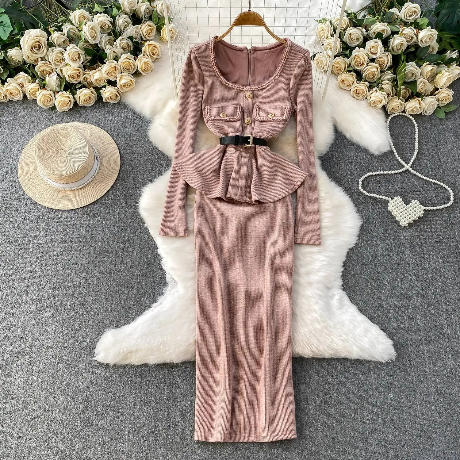 

Сексуальное элегантное длинное платье с длинными рукавами и рюшами и квадратным вырезом, женские вечерние корейские модные церемониальные платья