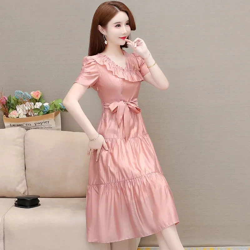 Ruffled Women's Solid Color Dress Summer 2023 New Fashionable and Foreign Style Slim Slim Slim Medium Length Dress