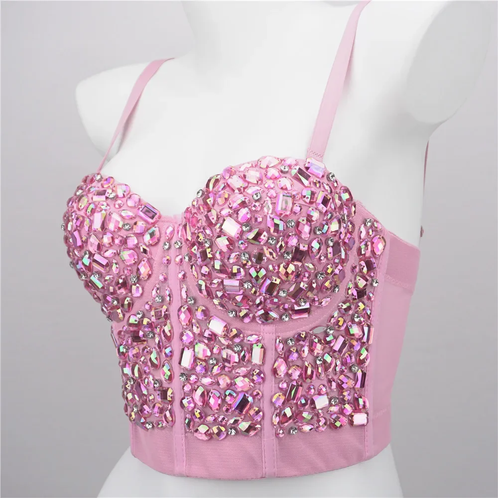 Mermaid Laser Style Pink Acrylic Diamond Bling Bling Corset Bras Push Up Crop Top Punk Bustier Goth Ballroom Costume Stage Party