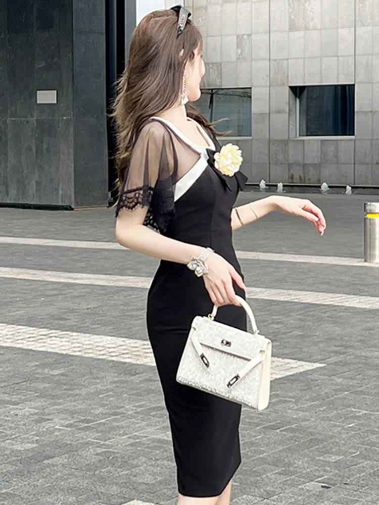 2023 Celebrity Style Sexy Dresses for Woman Black Sheer Mesh Spliced Flower Backless Midi Gown Female Party Robe Holiday Vestido