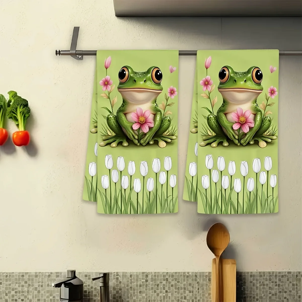 2Pcs, Spring Cute Frog Holding Flowers Kitchen Towel, 40Cm*60Cm Towel Set, Super Absorbent Soft Cleaning Cloth, Cooking and Baking Tea Towel, Hand Towel, Cleaning Cloth, Dishcloth, Kitchen Decoration, Living Room Decoration, Kitchen Essentials, Home Essentials