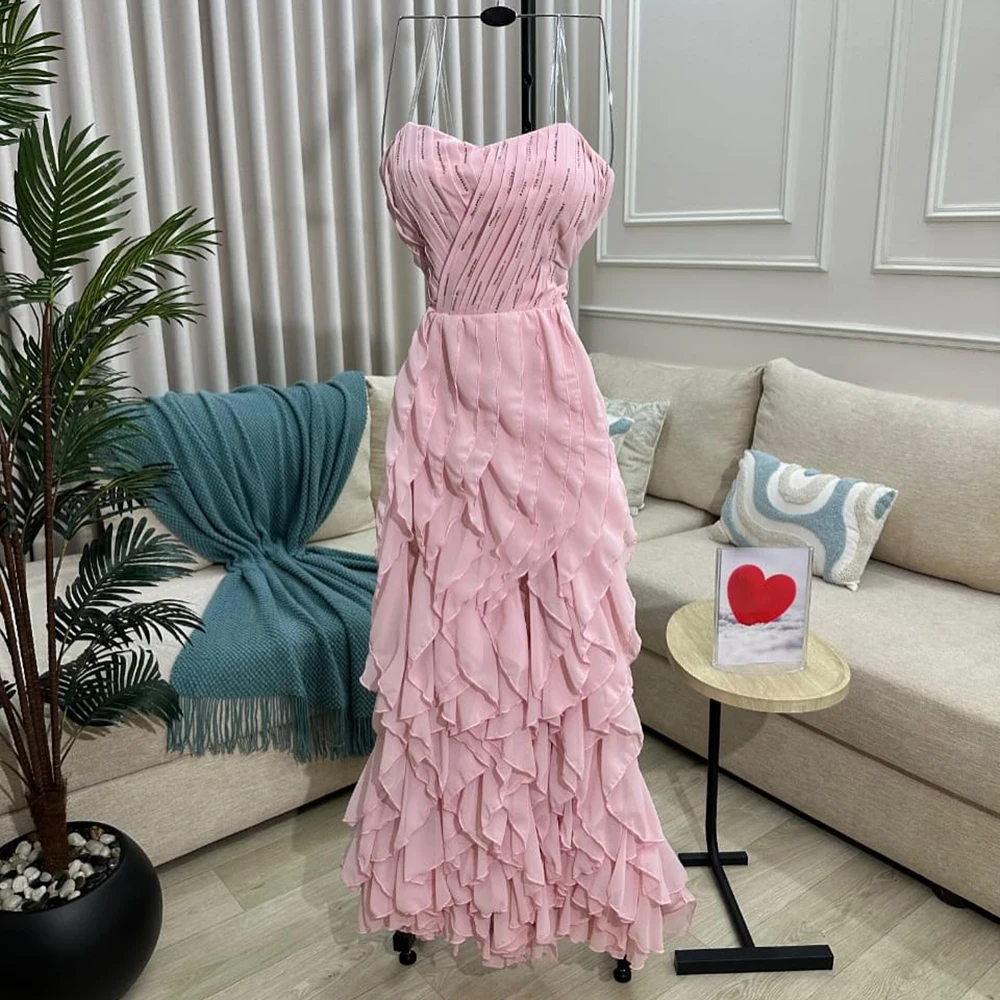 

Customized A-line Evening Dresses Ankle-length Strapless Sleeveless Prom Gown Fashion Sequined Pleat Simple Draped Party Gown