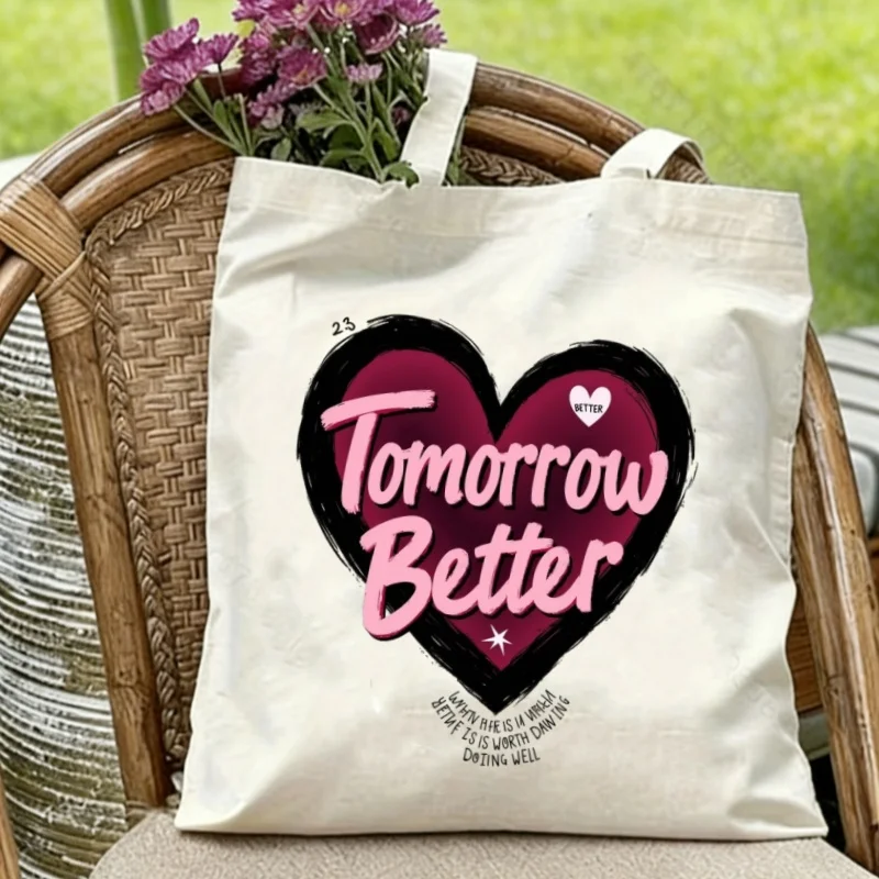 1PC Tomorrow Better Heart Double Sided Canvas Tote Bag, Motivational Quote Reusable Grocery Shoulder Handbag for Daily Travel