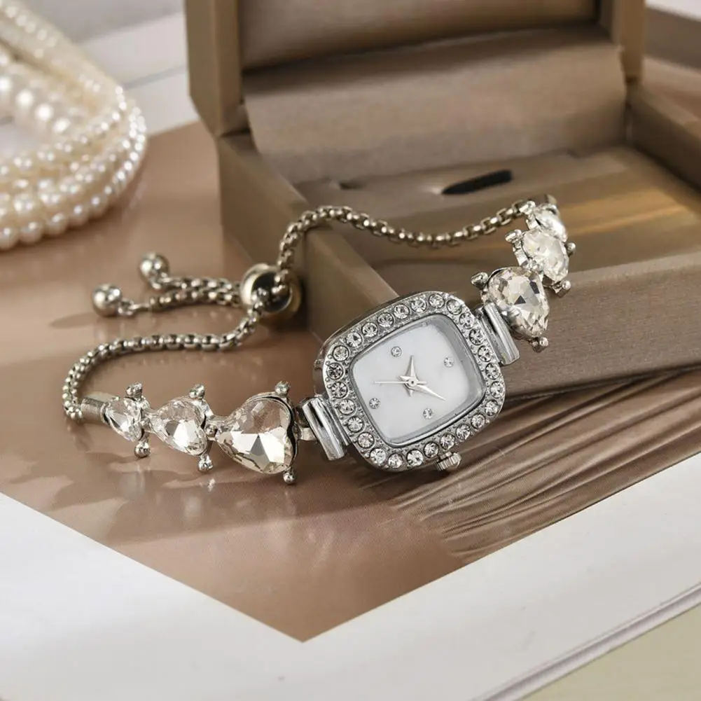Women Rhinestone Bracelet Watch Small Square Dial Analog Quartz Wrist Watch Love Heart Chain Adjustable Strap Ladies Dress Watch