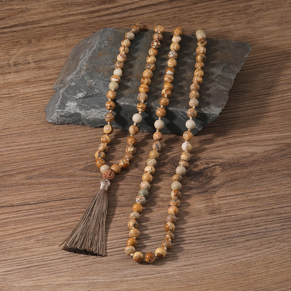 

OAIITEPicture Stone Necklace 108 Japa Mala Prayer beads Necklace Yoga Meditation Buddhist Prayer Jewelry for men and Women