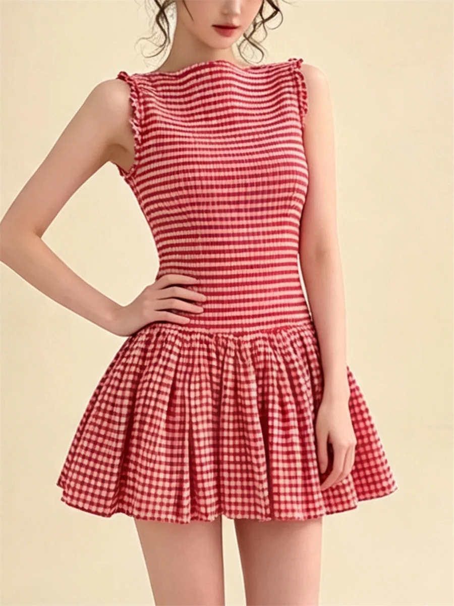 Sisterlinda Fashion Plaid Print Dress Women Chic o-Neck Sleeveless Folds Puffy Hem Skinny Sweet Party Elegant Chic Mini Bodycon