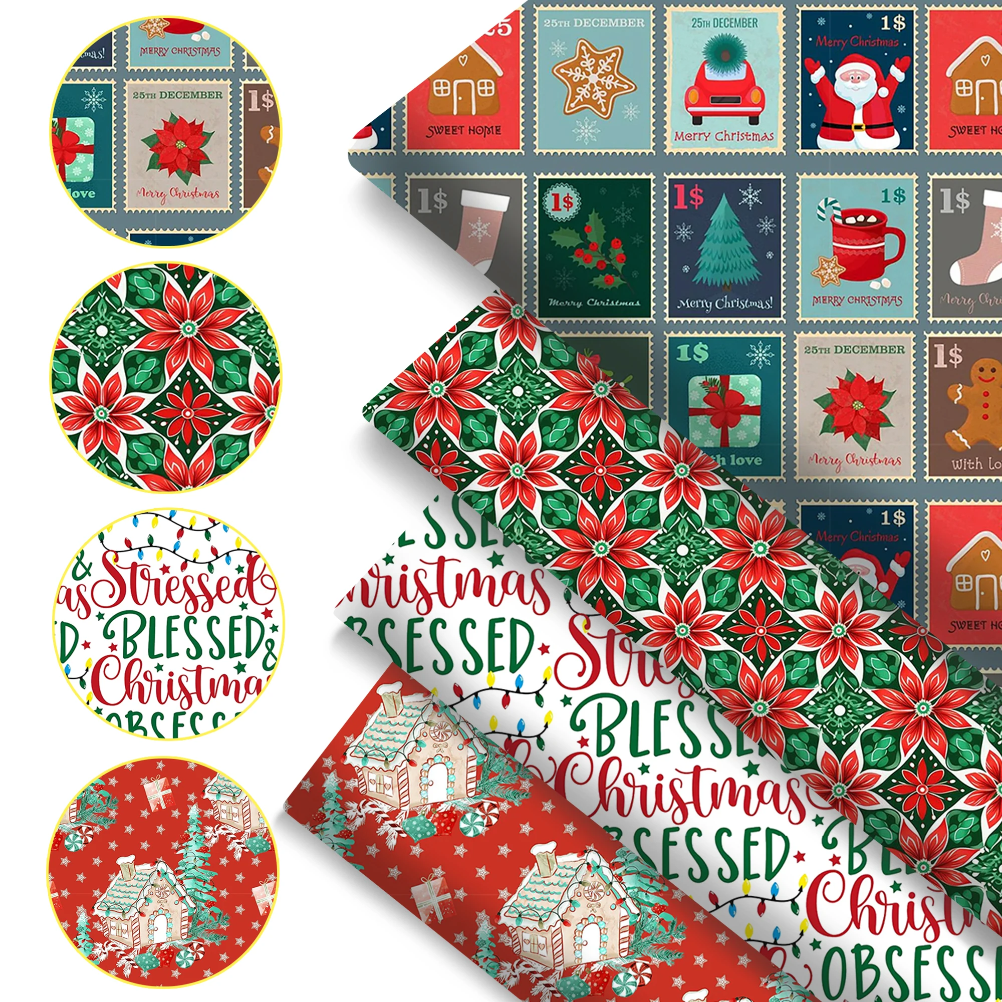 Pre-cut 4pcs Set 19.68X17.72in 7.87x7.87in Christmas Polyester Fabric Set Quilted Patchwork Suitable Gingerbread Man