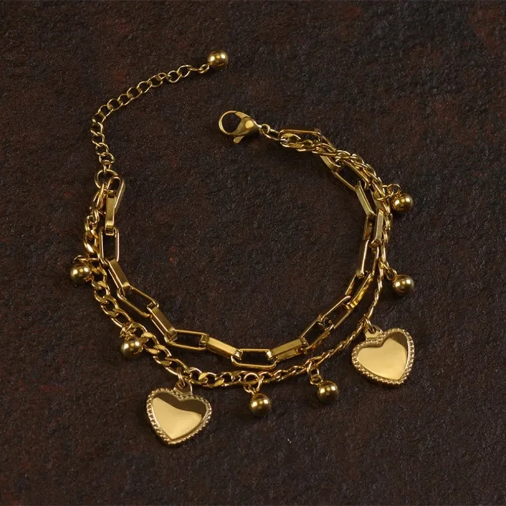 Stainless Steel Charm Fashion Gold Color Double Layer Heart Couple Bracelet for Women Retro Hip Hop Rock Jewelry Gift Colorfast