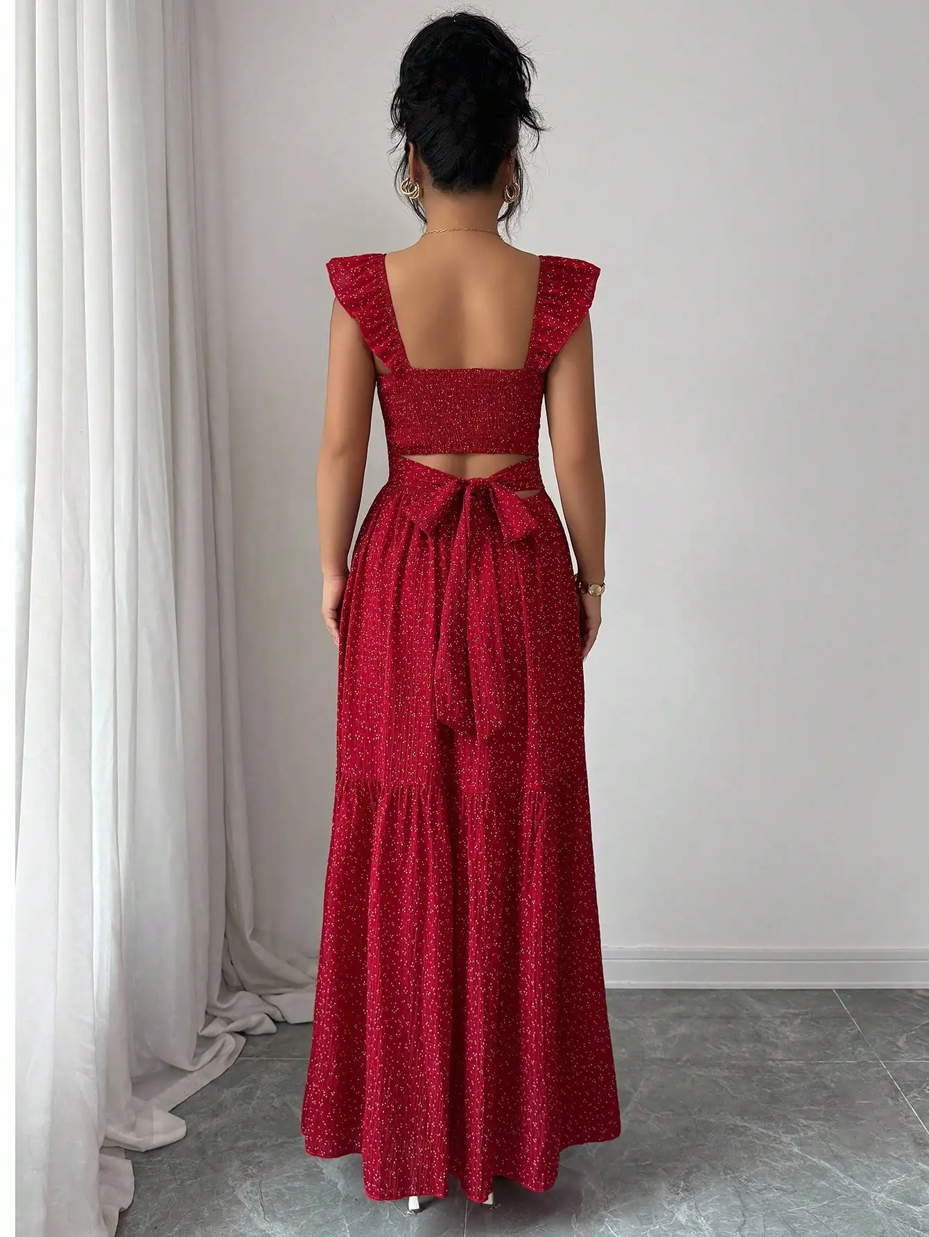 Vestido Maxi Vermelho com Poás para Mulheres, com Mangas em Camadas e Laço nas Costas, Estilo Elegante de Verão