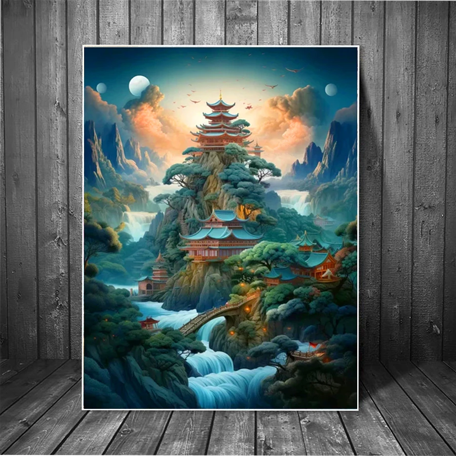 Waterfall Pictures DIY Diamond Painting Chinese Style Temples, bridges Landscape Diamond Mosaic Embroidery Handicraft Home Decor