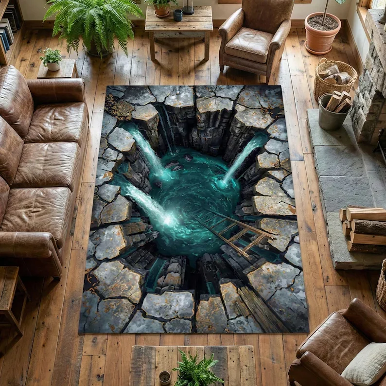 Koi Pond Illusion Rug Water Crack Carpet with Orange Fish Design, Realistic Depth Rug for Modern Home and Zen Room Home Decor