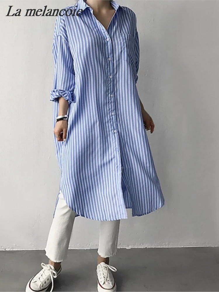 

Striped Shirt Dresses Women Spring Summer 2024 New Fashion Korean Casual Loose Long Dress Turned Collar Single-breasted Sundress