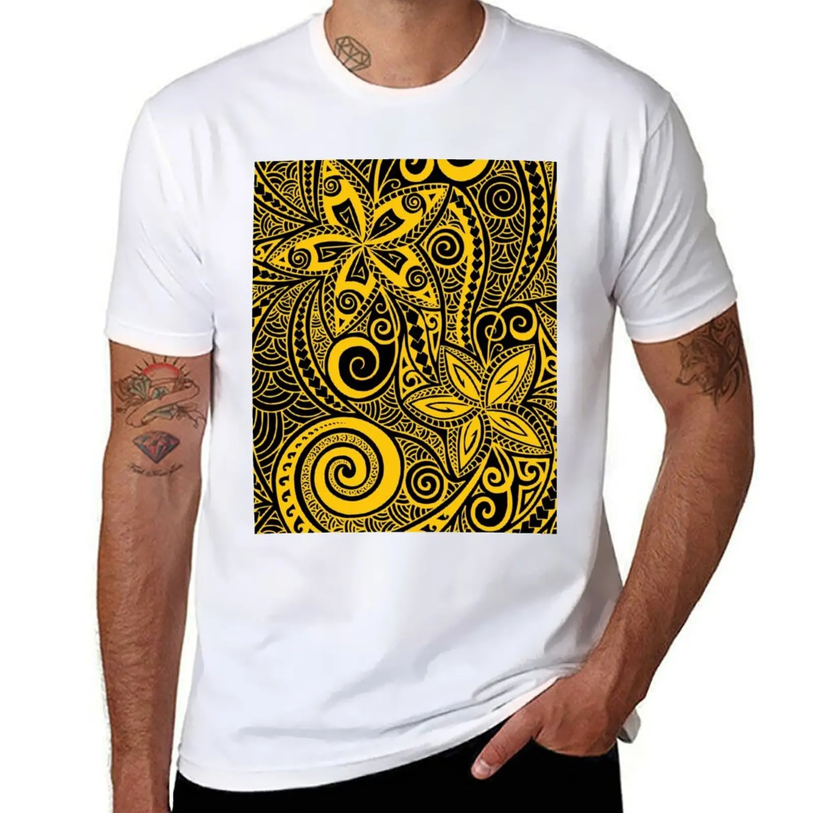 

Black mustard yellow Polynesian floral design T-Shirt man graphic t shirt mens graphic t shirts t shirt man plain T-Shirt