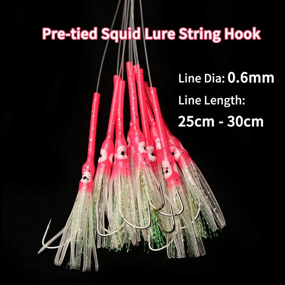 Elllv 10pcs 3/0 Hook Pre Tied Anti-bite Luminous Squid Skirts with Monofilament Line Saltwater Mackerel Herring Fishing Lure