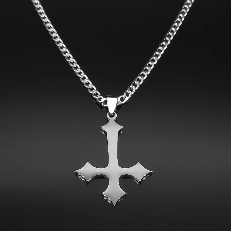 Goth Upside Down Cross Stainless Steel Pendant Necklace for Men Black Color Inverted Cross Kering Handbag Accessorie Jewelry