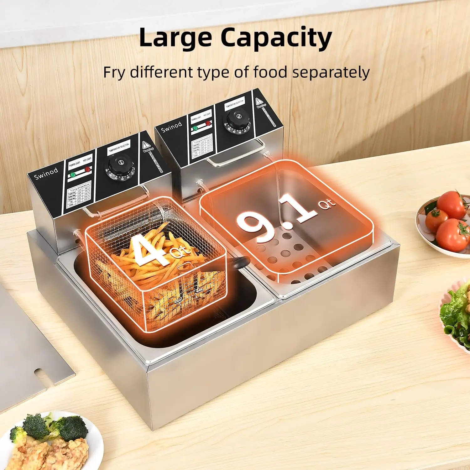 Fritadeira com cestas, fritadeira elétrica de óleo de bancada de aço inoxidável espessada 3000W 12,7QT/12L, grande capacidade com temperatura