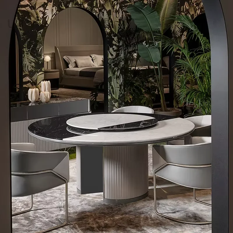 Dongguan High-quality Furniture Custom FactoryDining Room Round Marble Colour Block Swivel Dining Table