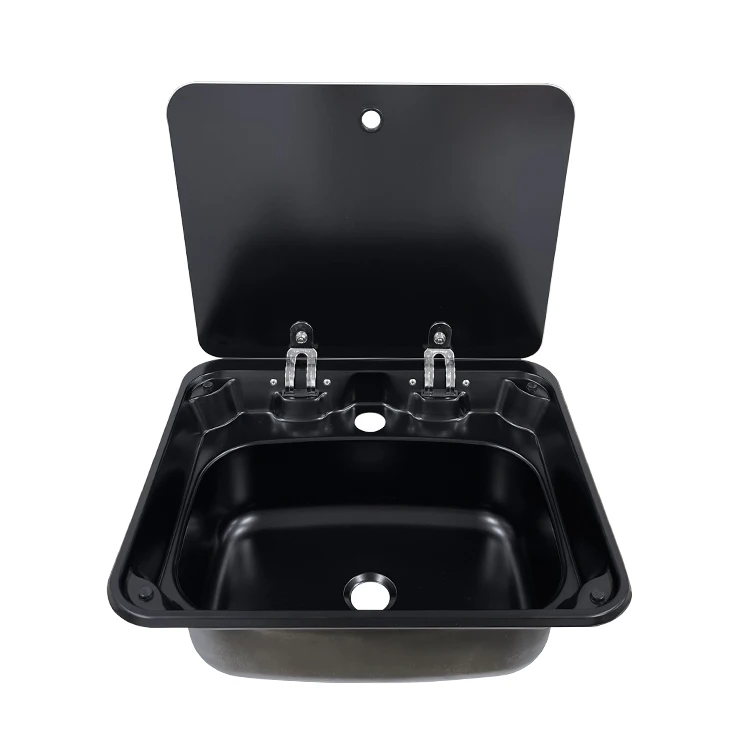 

Black Coating Stainless Steel Hand Wash Basin Square RV Sink with Cover for RV Caravan Boat Motorhome