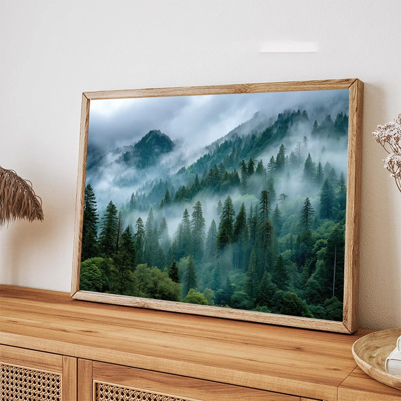 Nature Misty Forest Poster Wall Art Picture Morning Fog Over Cloud Green Mountains Tree Canvas Painting Living Room Home Decor